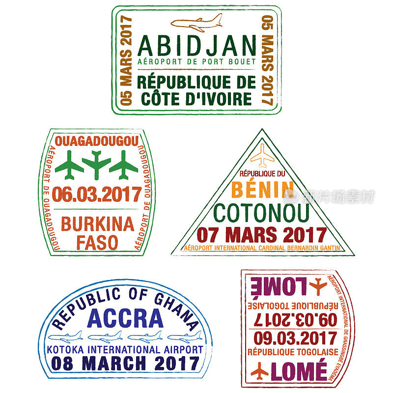护照印章Côte d'科特迪瓦，布基纳法索，贝宁，加纳和多哥矢量格式。
